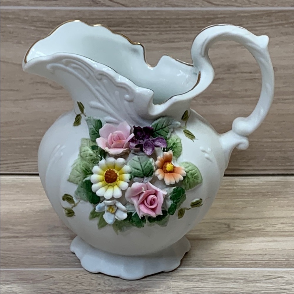 Lefton Charming Ceramic Pitcher with Floral Accents. Plate missing.